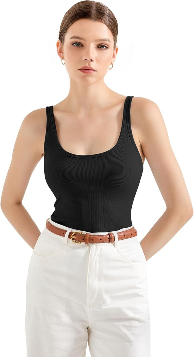 SUUKSESS Women Padded Cotton Ribbed Tank Tops Summer Going Out Basic Scoop Neck Cami Tops | Amazon (US)