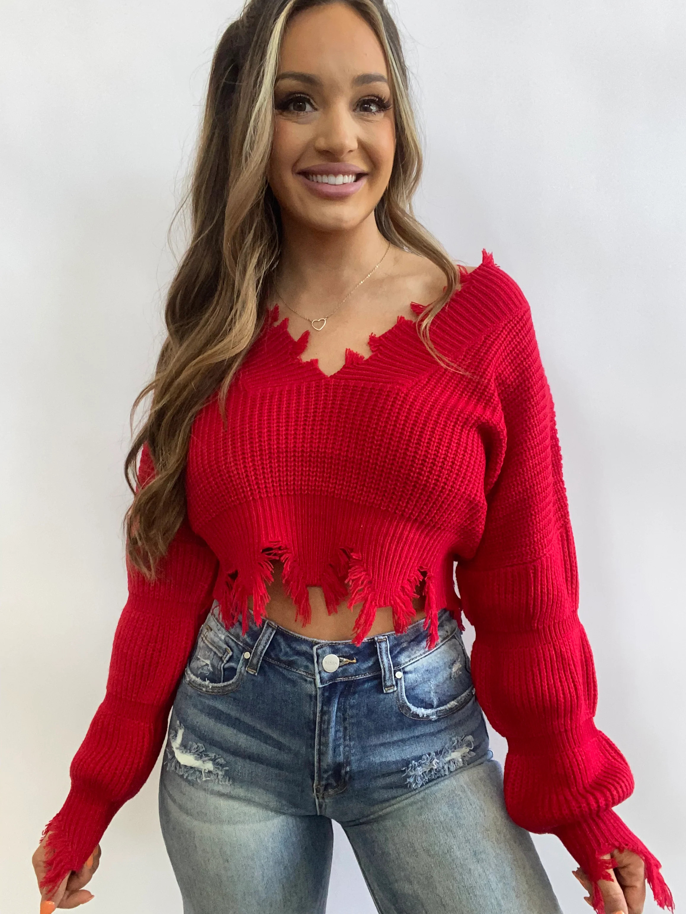Camille Distressed Cropped Sweater - Red | Willow Boutique