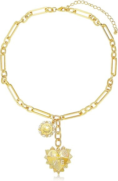 Chunky Gold Sun Heart Pendant Charm Necklace for Women 18K Gold Plated Thick Paperclip Chain Chok... | Amazon (US)