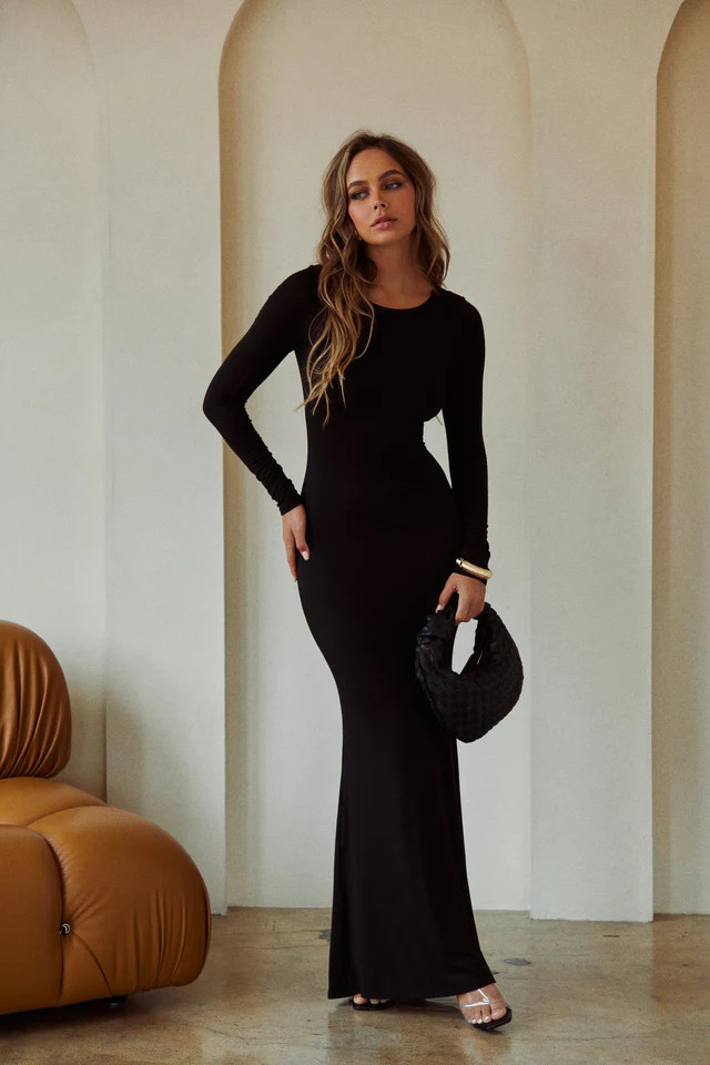 Miss Lola | Kayri Black Long Sleeve Knit Dress | MISS LOLA