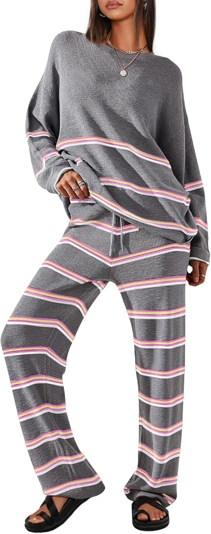 2 Piece Outfits for Women 2023 Oversized Fall Lounge Sets Striped Sweaters Cozy Knit Long Sleeve ... | Amazon (US)