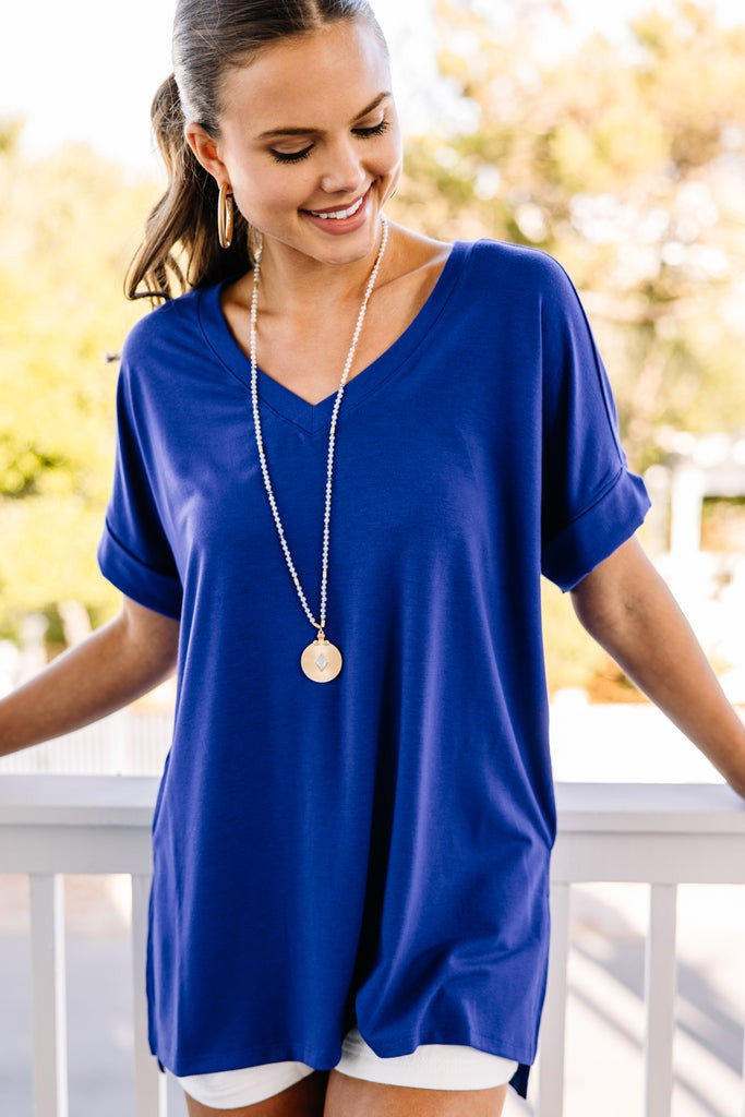 Make Your Life Easy Bright Blue V-neck Top | The Mint Julep Boutique