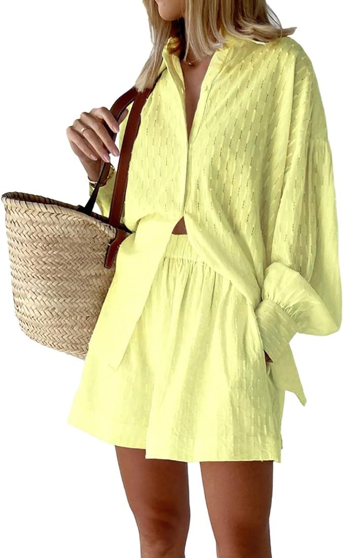 Ceuplon Women 2 Piece Outfit Long Sleeve Top and Shorts Sweatsuit Set | Amazon (US)