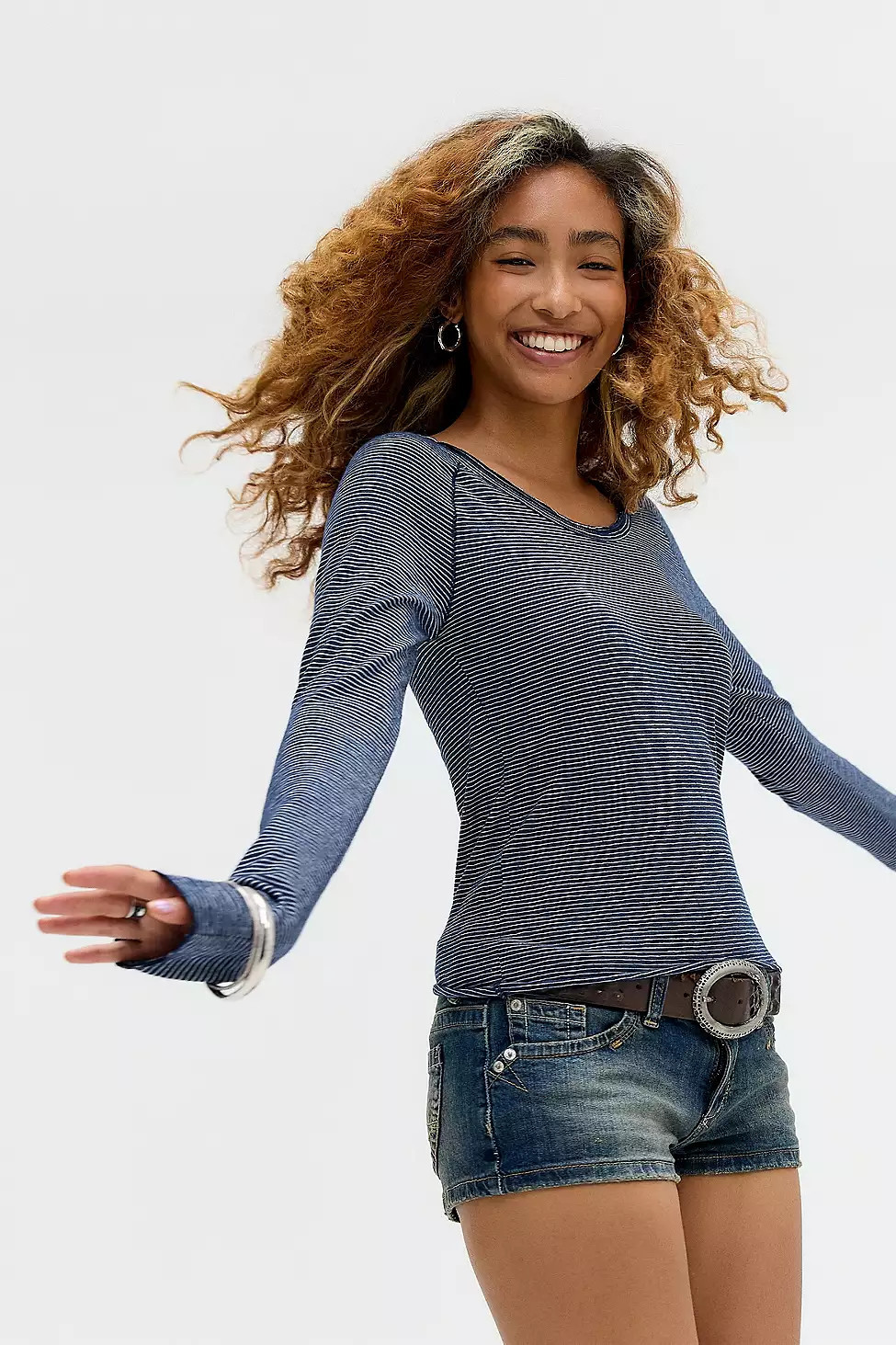 BDG Jake Scoop Neck Long Sleeve Top - Navy S at Urban Outfitters | Urban Outfitters UK