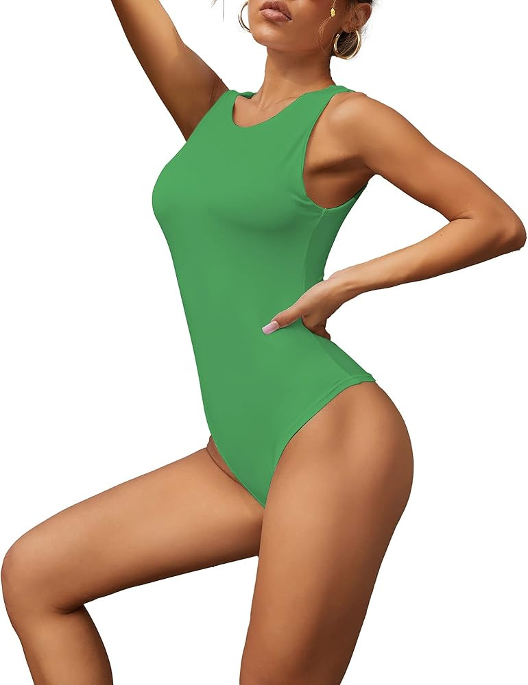 ForeFair Women's Bodysuit Tank Tops Sexy Sleeveless Crew Neck Racer Back Thong Bodysuit Tops | Amazon (US)
