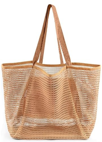 Beach Bags for Women, Summer Travel Mesh Tote Bag with Large Inner Pocket, Sandproof Woven Should... | Amazon (US)