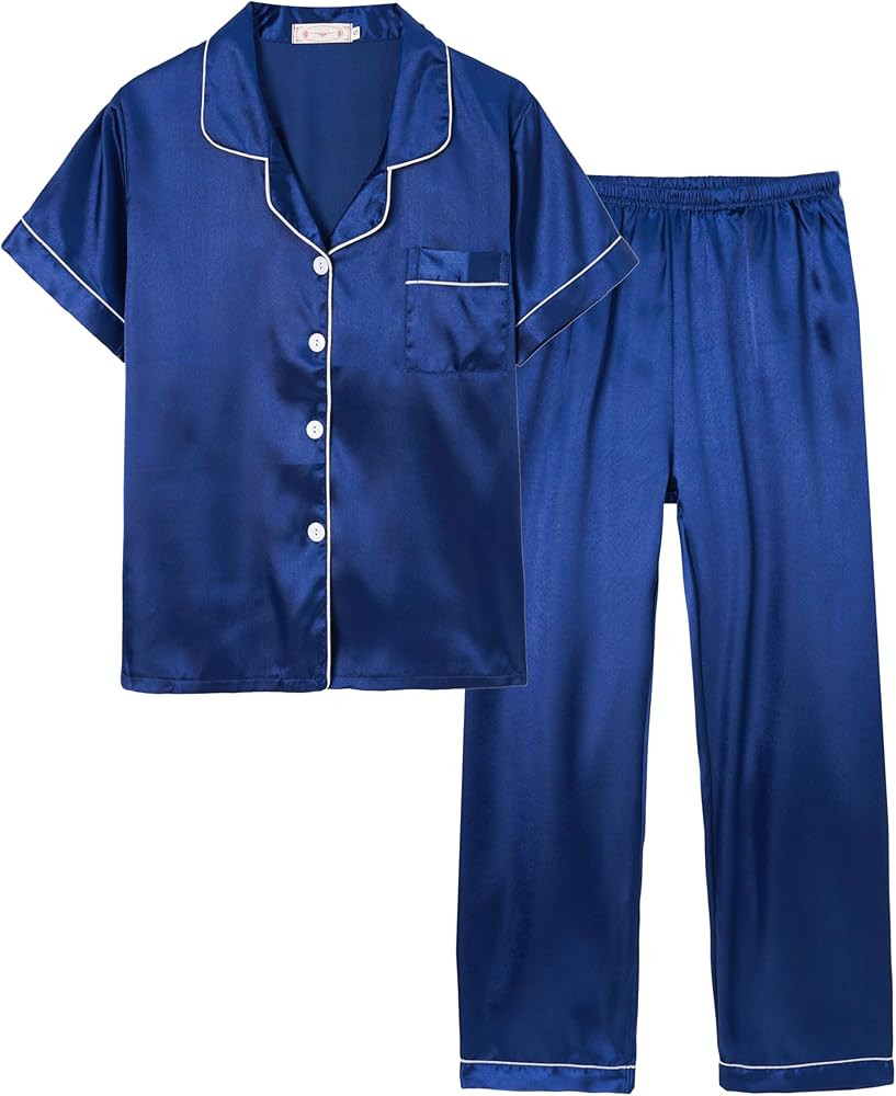 Unisex Kids Boys and Girls Pajama Sets Summer Short Sleeve Long Pants 2pcs Silky Sleepwear Button... | Amazon (US)