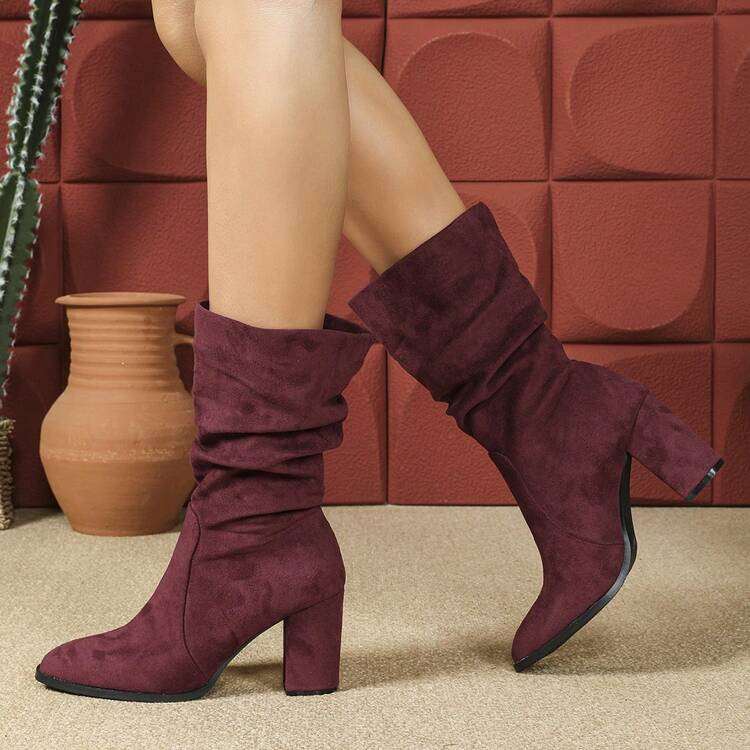 Chunky Heel Slouchy Boots Round Toe Suede Slim Tall Boots For Women, New Autumn/Winter Mid-Calf Riding Boots With Fur | SHEIN