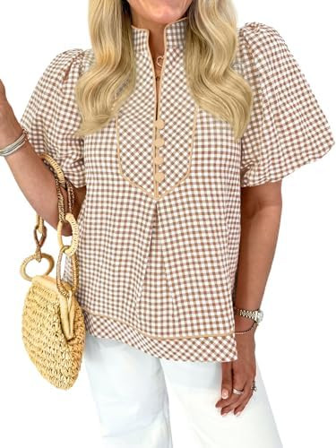 Tankaneo Womens Puff Short Sleeve Blouse Gingham Button Shirts V Neck Tops | Plaid,Babydoll,Ruffl... | Amazon (US)
