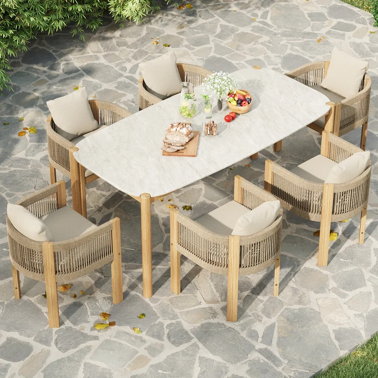 7-Piece Outdoor Concrete & Teak Rope Weave Dining Set with 6 Chairs | Homary