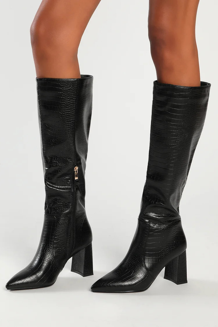 Elanor Black Crocodile-Embossed Pointed-Toe Knee-High Boots | Lulus (US)