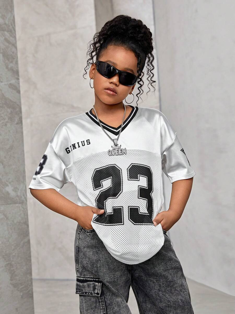 SHEIN Tween Girl Trendy Street Style Spring/Summer Knit Mesh Print Patchwork Tweed V-Neck Short S... | SHEIN