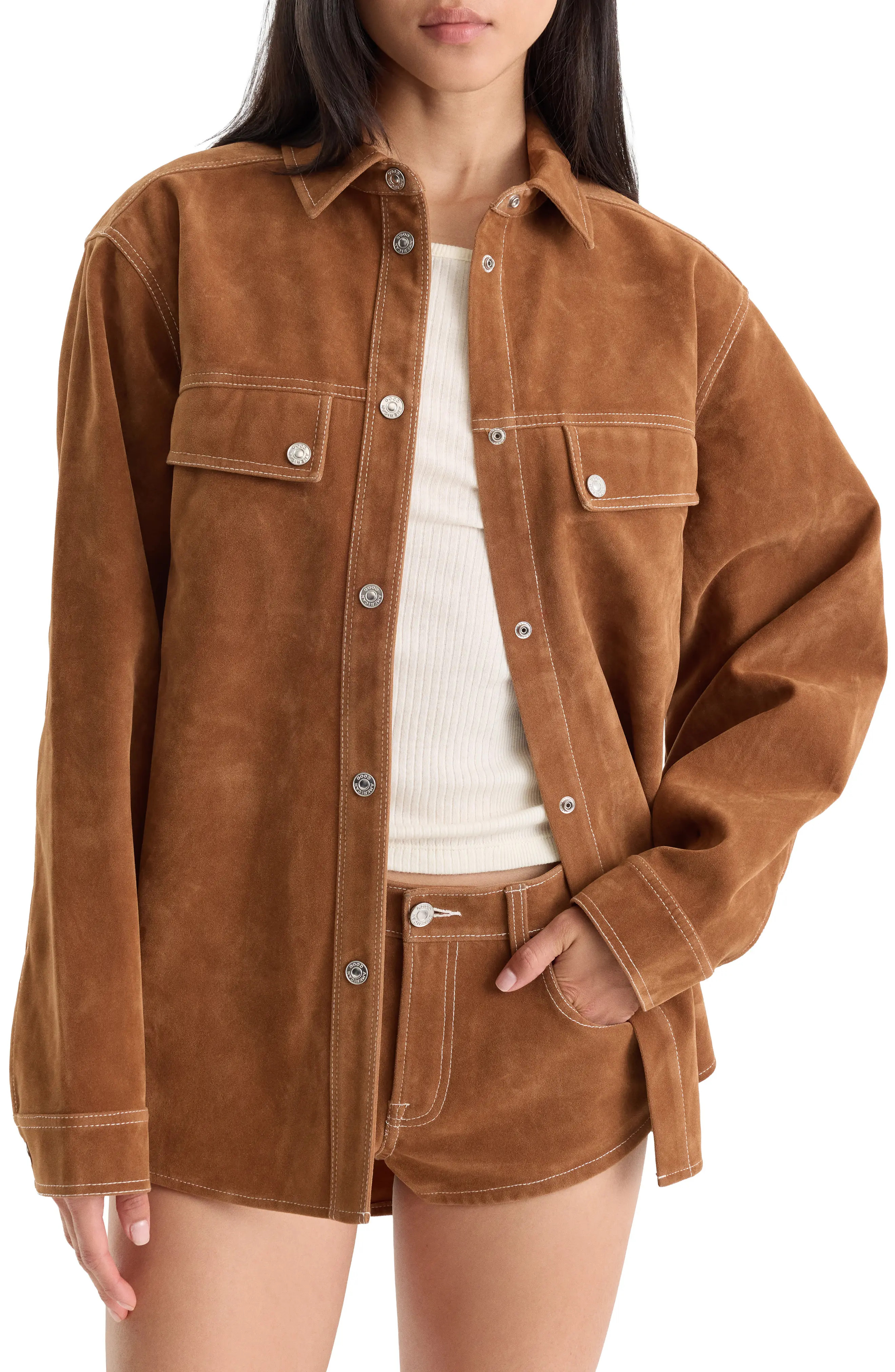 Good American Better Than Suede Overshirt in Cafe Clay at Nordstrom, Size X-Large | Nordstrom