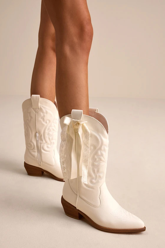 Lucilla White Leather Bow Mid-Calf Western Boots | Lulus