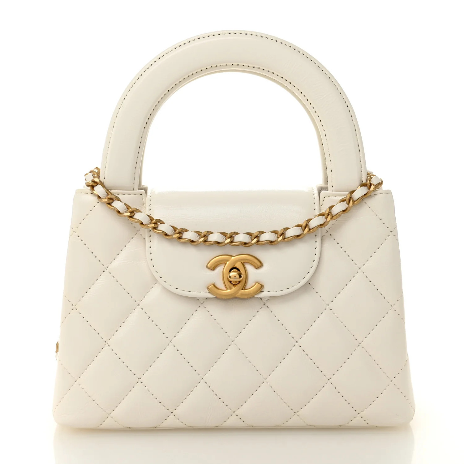 Shiny Aged Calfskin Quilted Nano Kelly Shopper White | FASHIONPHILE (US)