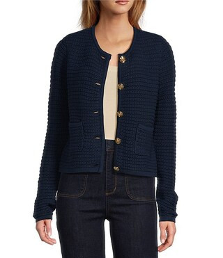 Long Sleeve Crew Neck Gold Button Front Wool Blend Cardigan | Dillard's