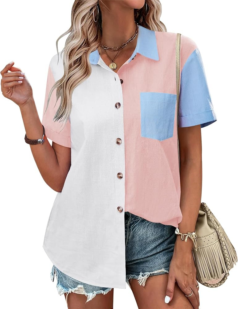 Zeagoo Womens Button Down Shirts Color Block Short Sleeve Cotton Linen Summer Causal Blouses Tops | Amazon (US)