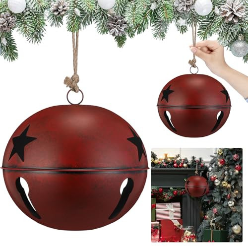 Civaner 8 Inch Large Christmas Jingle Bells Rustic Xmas Giant Hanging Sleigh Bells with Coarse Rope Star Cutouts Ornaments for Vintage Christmas Fireplace Tree Garden Decoration Supplies(Retro Red) | Amazon (US)