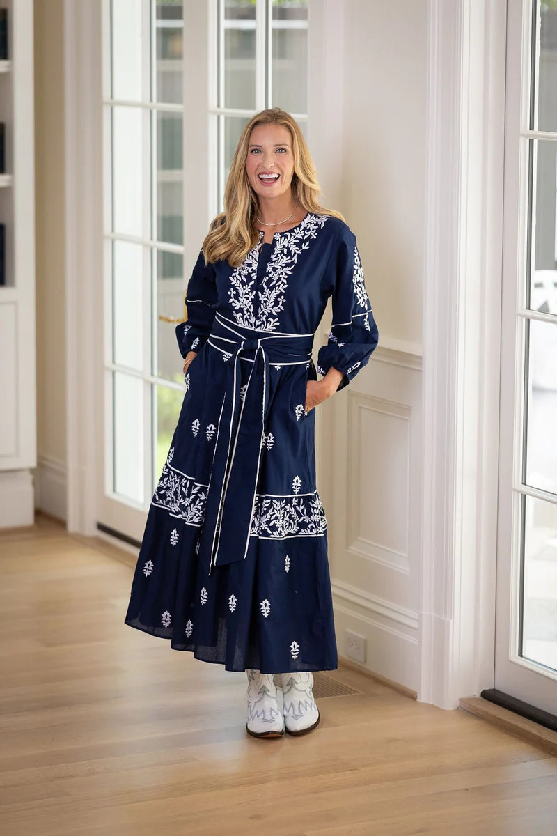 Jewel Neck Sue Sartor Flounce™️ | Navy/White Embroidered Mughal | SUE SARTOR