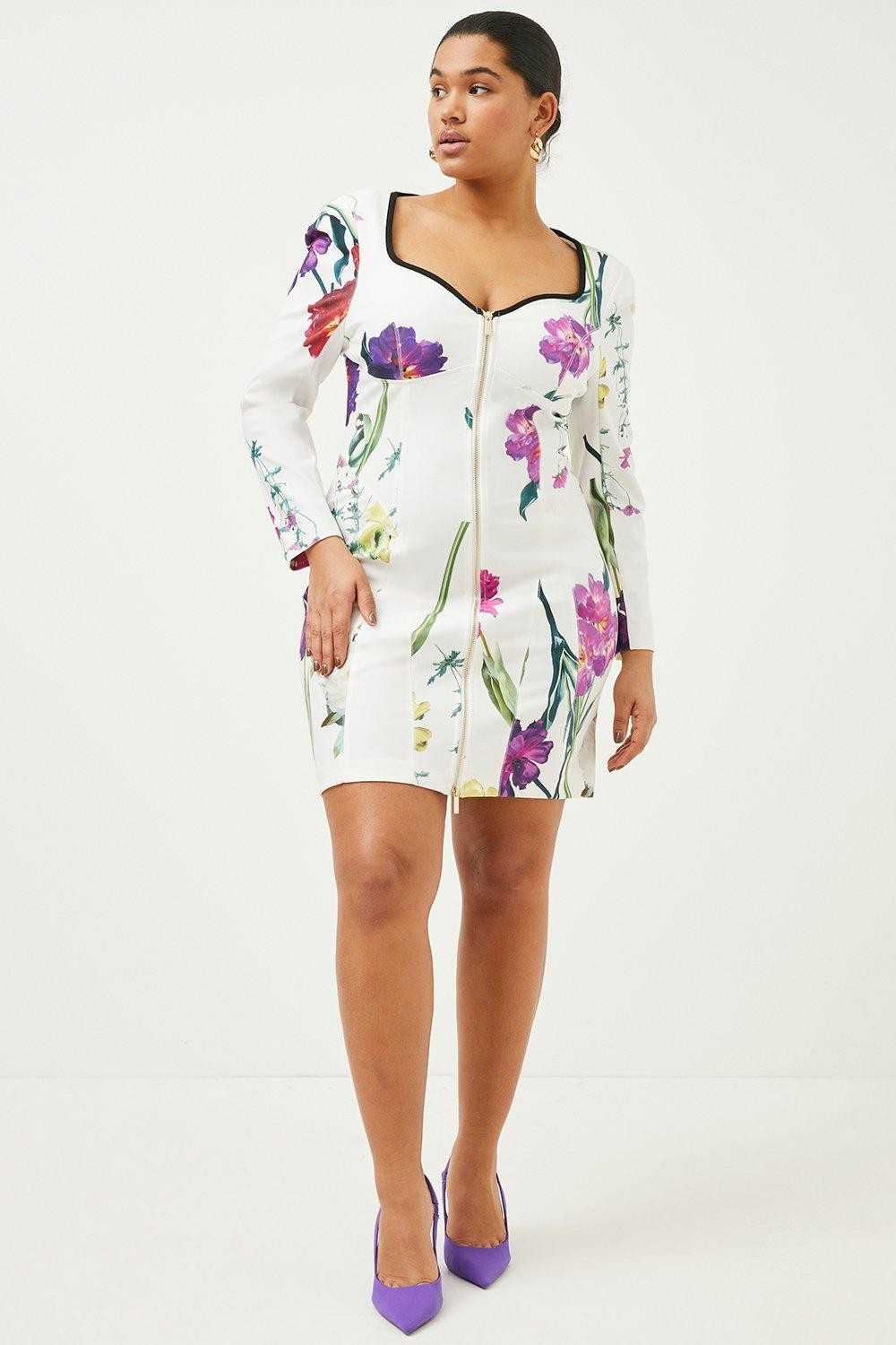 Plus Size Floral Figure Form Zip Woven Dress | Karen Millen UK & IE