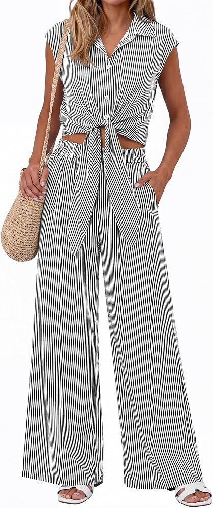 PRETTYGARDEN 2 Piece Sets For Women Summer Striped Button Down Tie Front Crop Tops Wide Leg Pants... | Amazon (US)