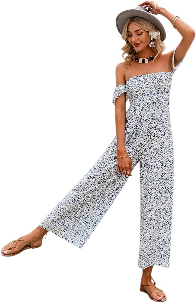 Amegoya Women's Sexy Off Shoulder Floral Print Romper Casual Drawstring Wide Leg Pants Jumpsui | Amazon (US)