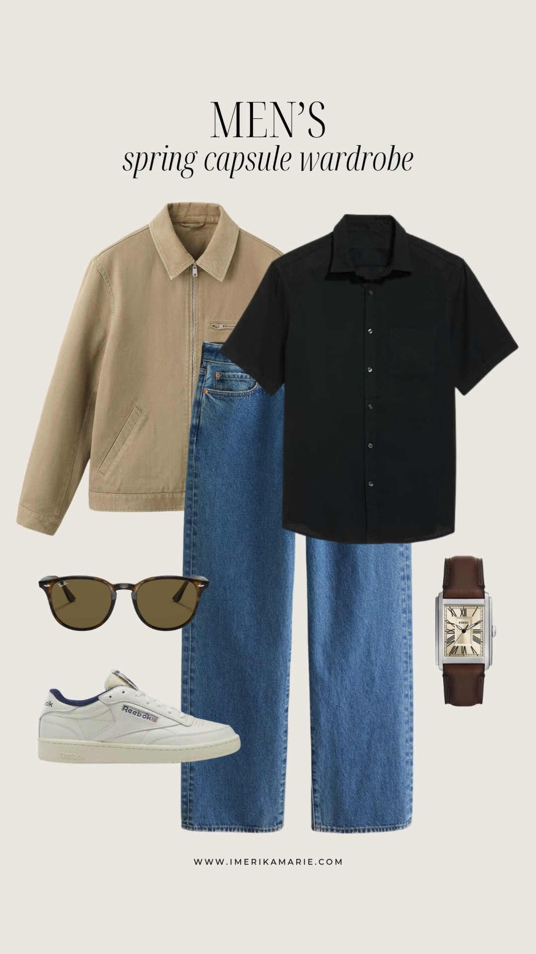 Men's Spring Outfit

men's beige jacket, black button-down, Levi jeans, Ray Ban sunglasses, fossil watch, and Reebok sneakers 

 

#LTKootd #LTKSeasonal #LTKMens