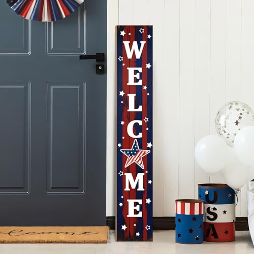 4th of July Patriotic Porch Sign 47.2",USA 250th Anniversary Wooden Welcome Sign, Red Blue Vertical Front Porch Decor for Outdoor Patio, Garden Entryway | Amazon (US)