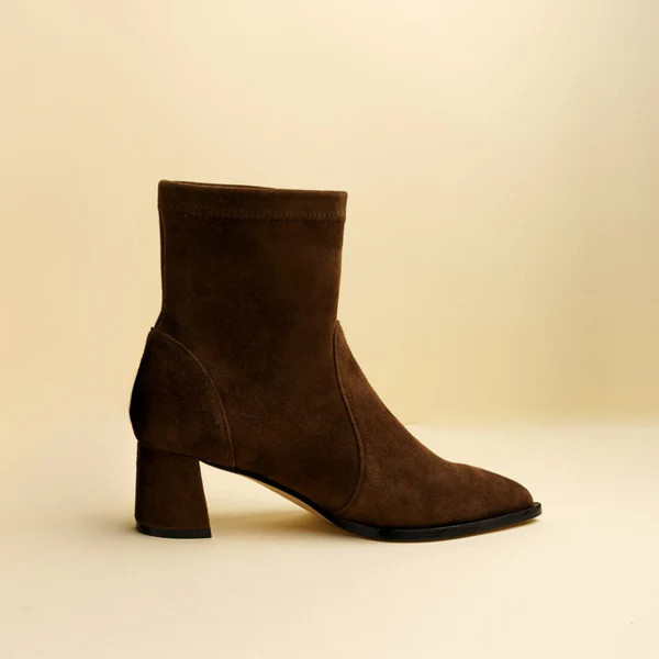 Chocolate Brown Suede Lower Block Sock Bootie | ALLY Shoes