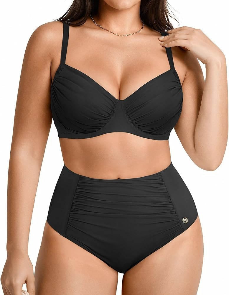 Popilush Tummy Control Shapewear Swimsuits for Women High Waisted Bikini Sets Ruched Push Up Two ... | Amazon (US)