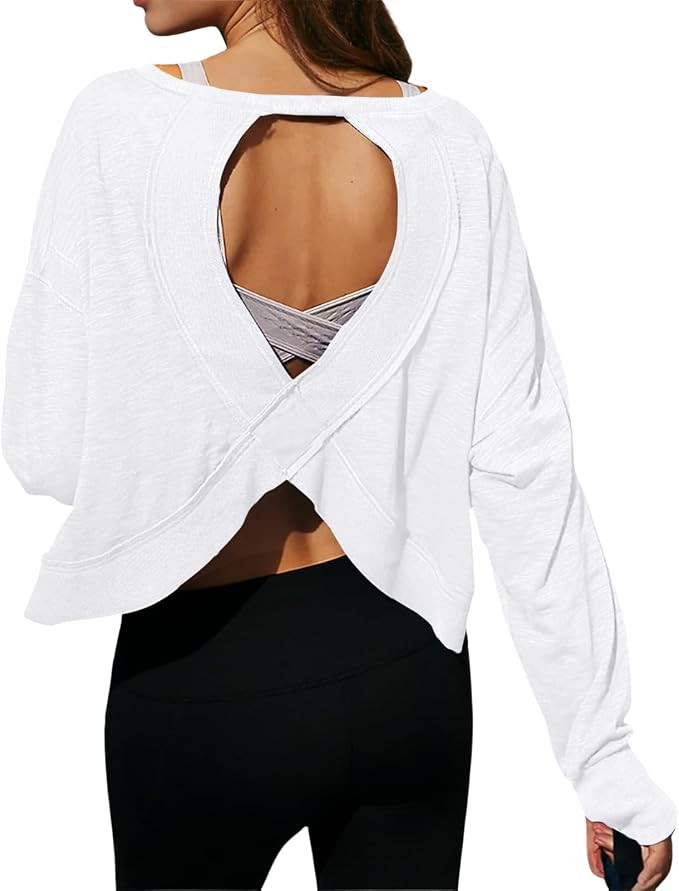 Open Back Workout Tops for Women Long Sleeve Casual Crop Athletic Shirts 100% Cotton Gym Yoga Bac... | Amazon (US)