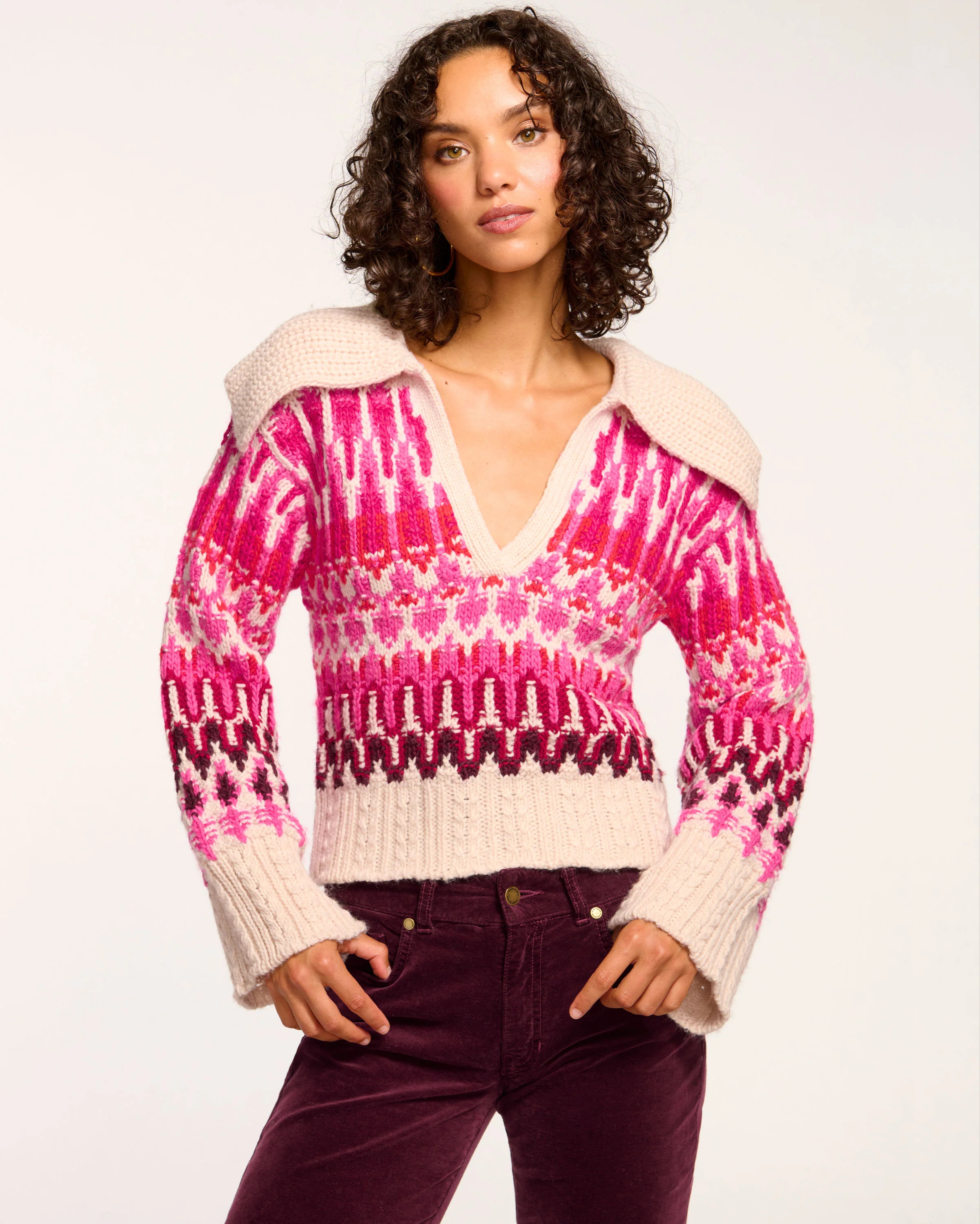 Augustus V-Neck Sweater in Magenta Fairisle | Ramy Brook
