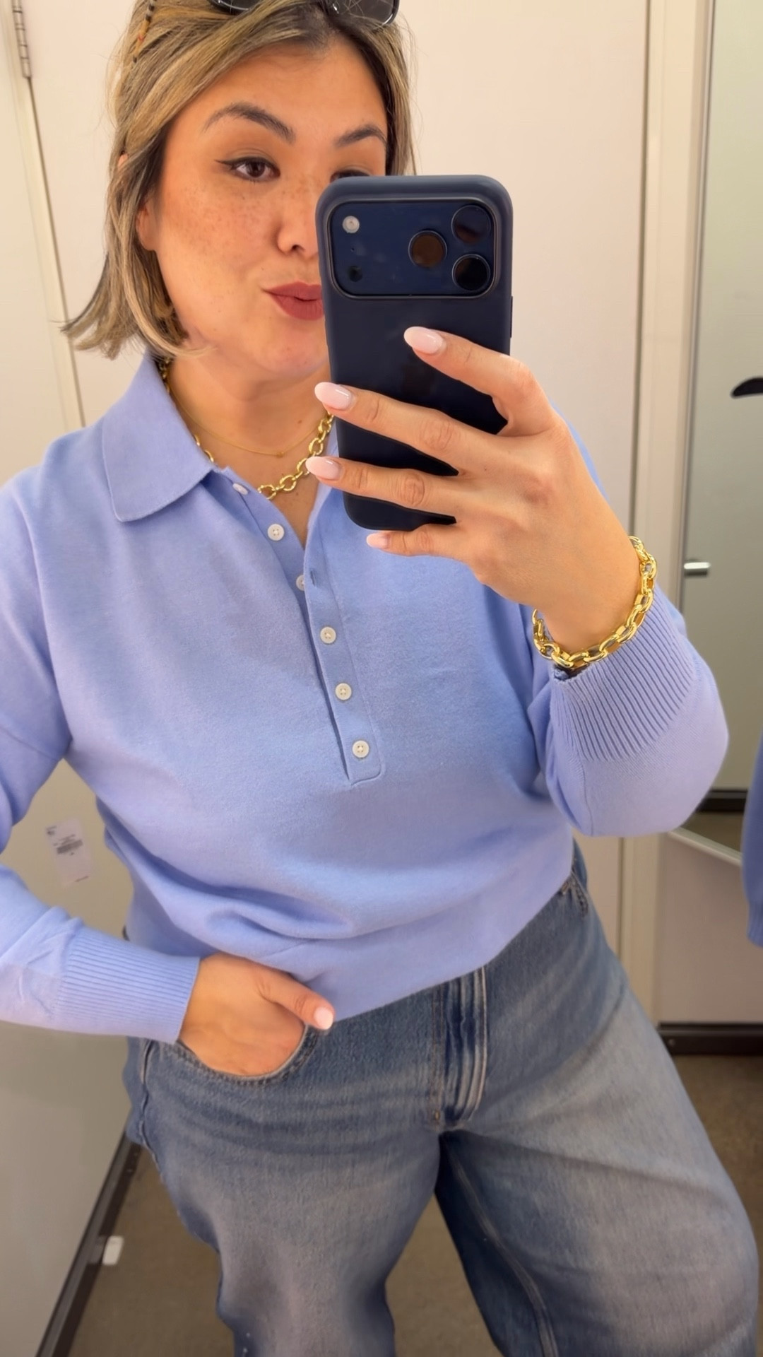 Went in for an online in-store pick up and saw this periwinkle blue polo sweater on display. The color immediately caught my attention so I decided to try it on. I loved it on me as well so I definitely picked it up. It’s on sale for $18 today. I’m wearing it in a size is a medium. I think it runs like a generous.

#LTKMidsize #LTKSaleAlert #LTKOver40