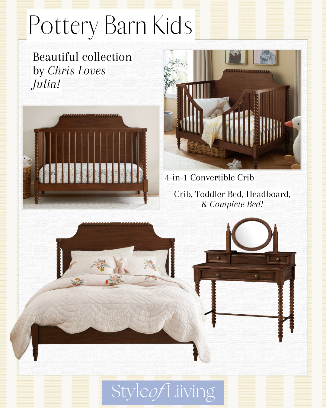 Beautiful collection by Chris Loves Julia x Pottery Barn Kids! 4-in-1 crib that turns from crib to toddler bed, headboard, to complete bed. Heritage walnut color and charming vintage inspiration.
#ltkhome #ltkstyletip #nursery 

 #LTKBaby #LTKKids #LTKFamily