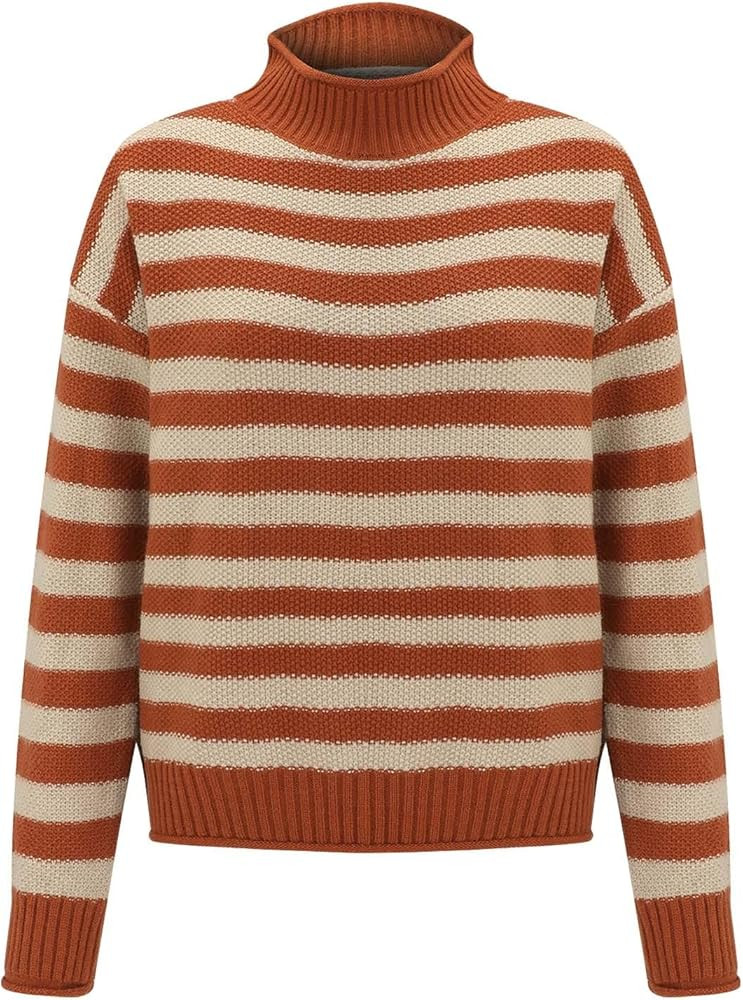 Women's Retro Striped Contrast Half Turtleneck Sweater Orange and White Knitted Loose Causal Bott... | Amazon (US)