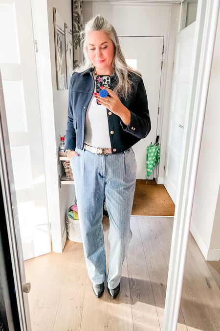 Ootd - Monday. Cropped navy blue blazer jacket (Zara) over a slim fit white basic t-shirt paired with wide legged pleated jeans (Shoeby) and black western boots. 



#LTKworkwear #LTKover40 #LTKmidsize