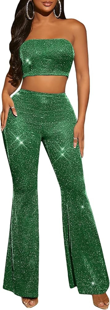 WDIRARA Women's Sparkly Two Piece Set Disco Glitter Outfits Tube Top Flare Pants Set | Amazon (US)