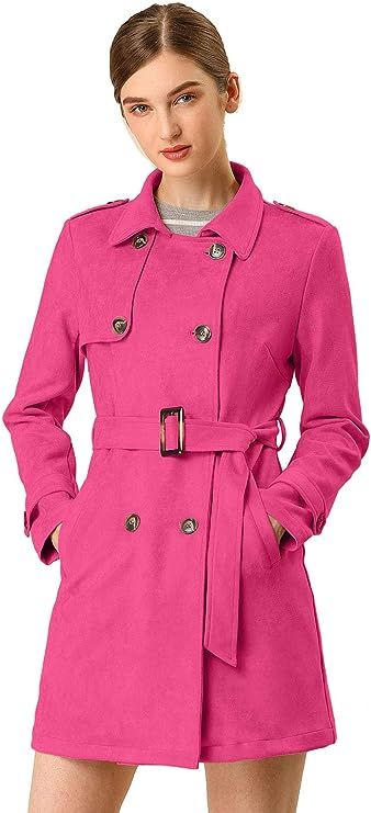 Allegra K Women's Notched Lapel Double Breasted Faux Suede Trench Coat Jacket with Belt | Amazon (US)