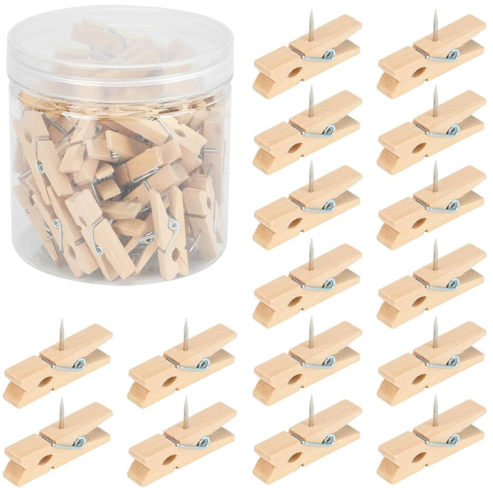 60 Pieces Push Pins with Wooden Clips, Natural Wood Clothespin Pushpins Cute Decorative Thumb Tac... | Amazon (US)