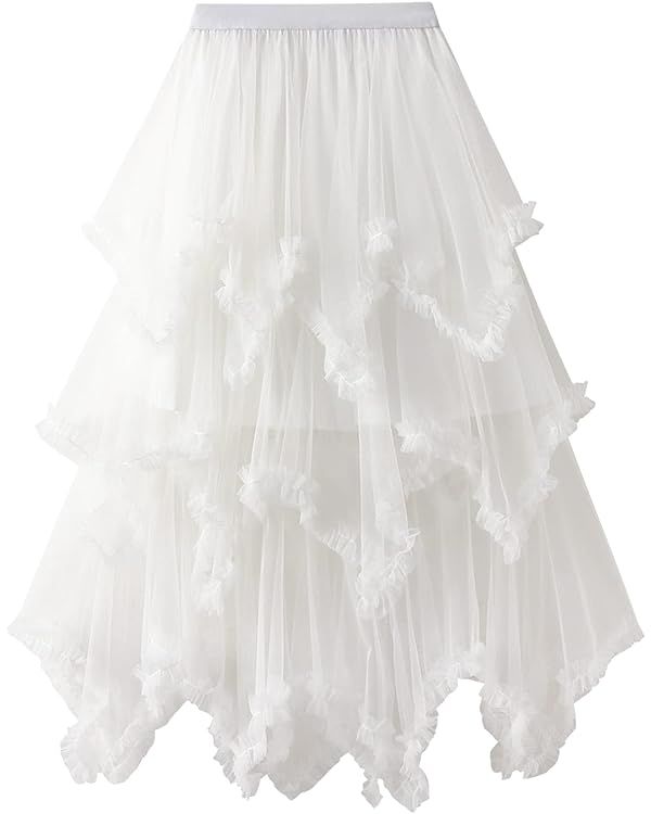 Women Layered Tulle Long Skirt UK Ladies Fashion High Waist Solid Color Frill Trim Ruffle Midi Sk... | Amazon (UK)