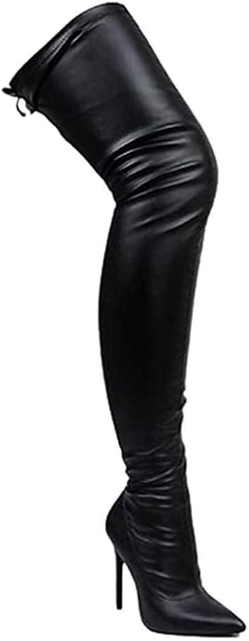 Liliana Women Faux Leather Pointy Toe Thigh High Single Sole Stiletto Boot | Amazon (US)