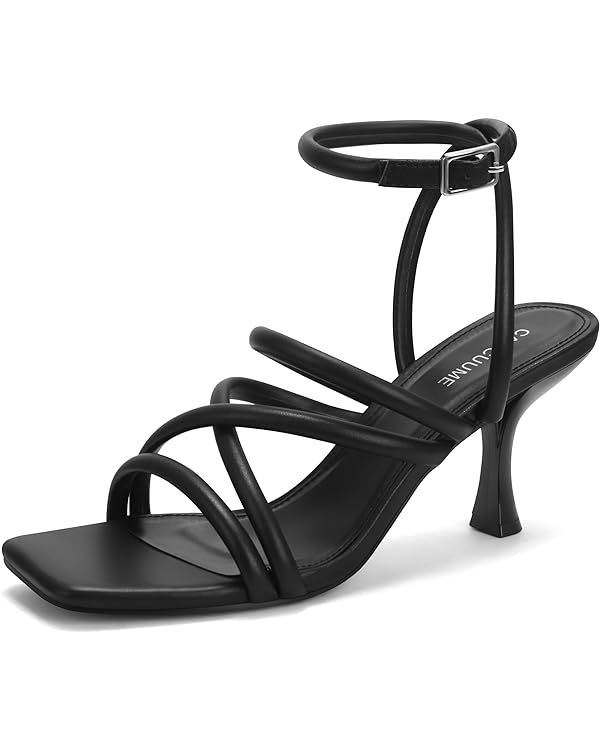Carcuume Women's Square Toe Strappy Heeled Sandals Ankle Buckle Kitten Heel | Amazon (US)