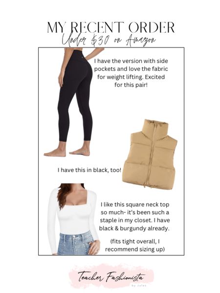 My recent Amazon order is all under $30! I already own each piece— see image for info!

• Amazon • Amazon prime • Amazon deal • cropped puffer vest • leggings • activewear • long sleeves • closet basics • closet staples • long sleeves • under $30 •

#LTKunder50 #LTKsalealert #LTKFind