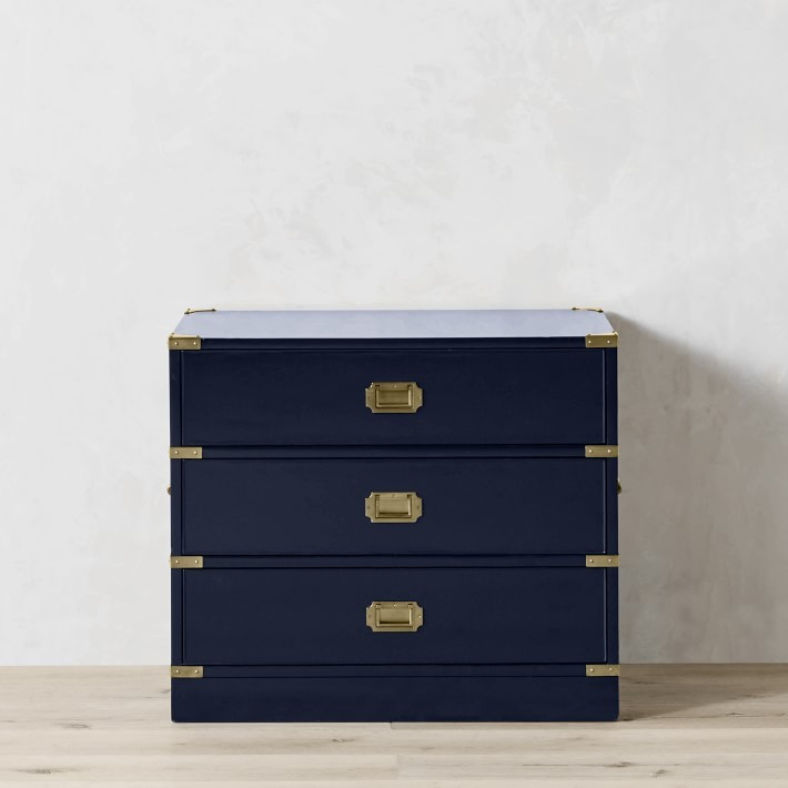 Campaign 3 Drawer Nightstand, Navy Lacquer, Antique Brass | Williams-Sonoma