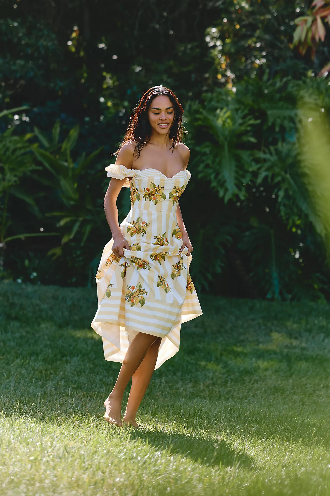 Farm Rio Lemon Birds Cotton Off-Shoulder Midi Dress | Anthropologie (US)