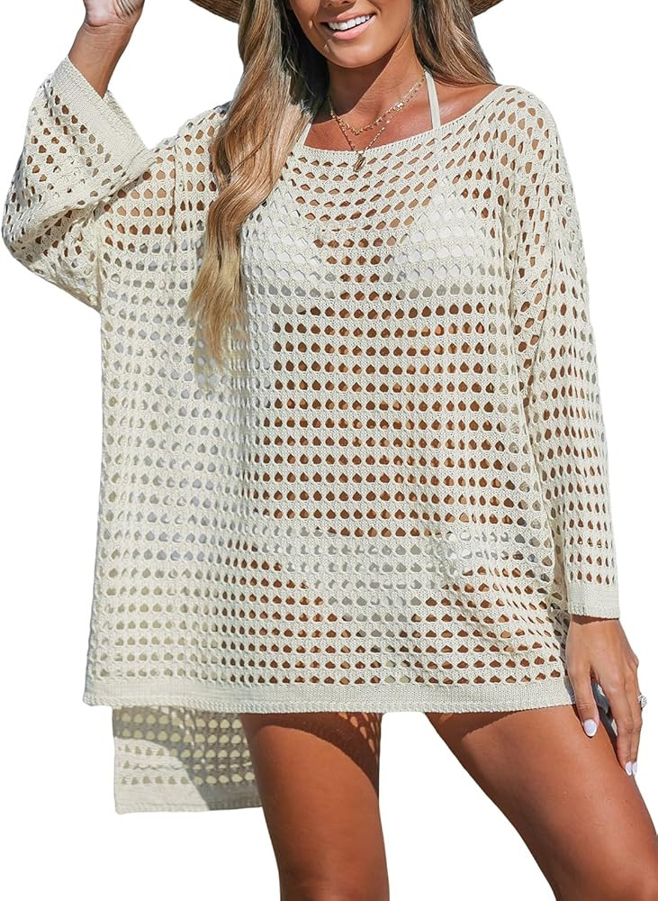CUPSHE Women's Crochet Cover Up Cutout Drop Shoulder Long Sleeves Pullover Beachwear Bathing Suit... | Amazon (US)