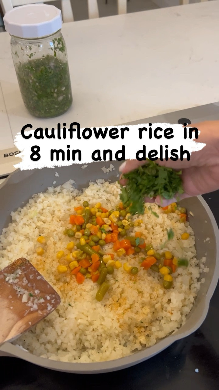 Cauliflower rice in 8 min. So easy. And delish!
Fry 1/4 of chopped onion, 2 chopped garlic cloves, for 4min, 
add veggies, garlic powder, cilantro and fry for 2 min then  closed lid for another  2 min. Ready!! 😋I am not eating rice, so I am trying cauliflower and I love it!! Also my husband made a cauliflower mash it was delicious too. You should try it!! 
#adrismexicankitchen
#adrisrecipes #healthyfoodrecipe
Always pan


#LTKfamily #LTKhome