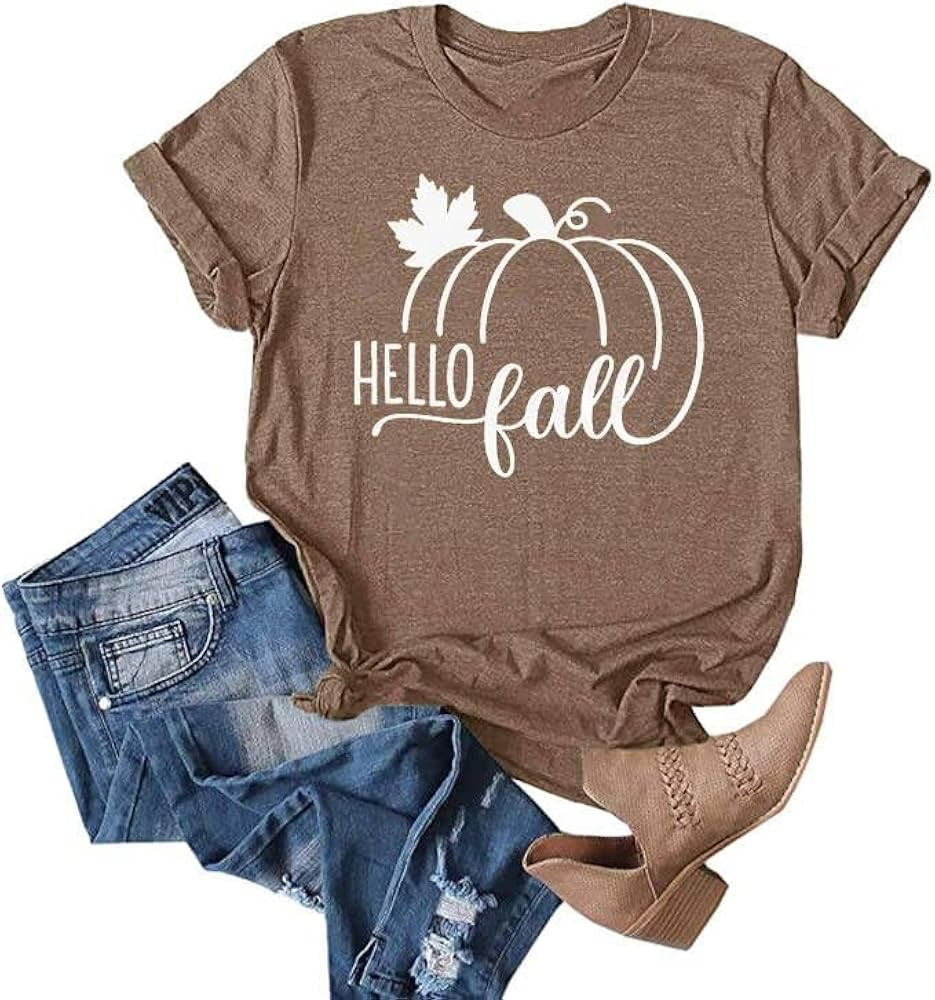 Fall T-Shirt for Women Family Halloween Thanksgiving Tops Cute Autumn Thankful Pumpkin Graphic Te... | Amazon (US)