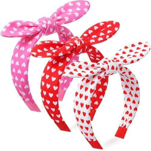 3 Pcs Valentine's Day Bow Headbands for Women Red Pink White Heart Knotted Headband Bunny Ear Hea... | Amazon (US)