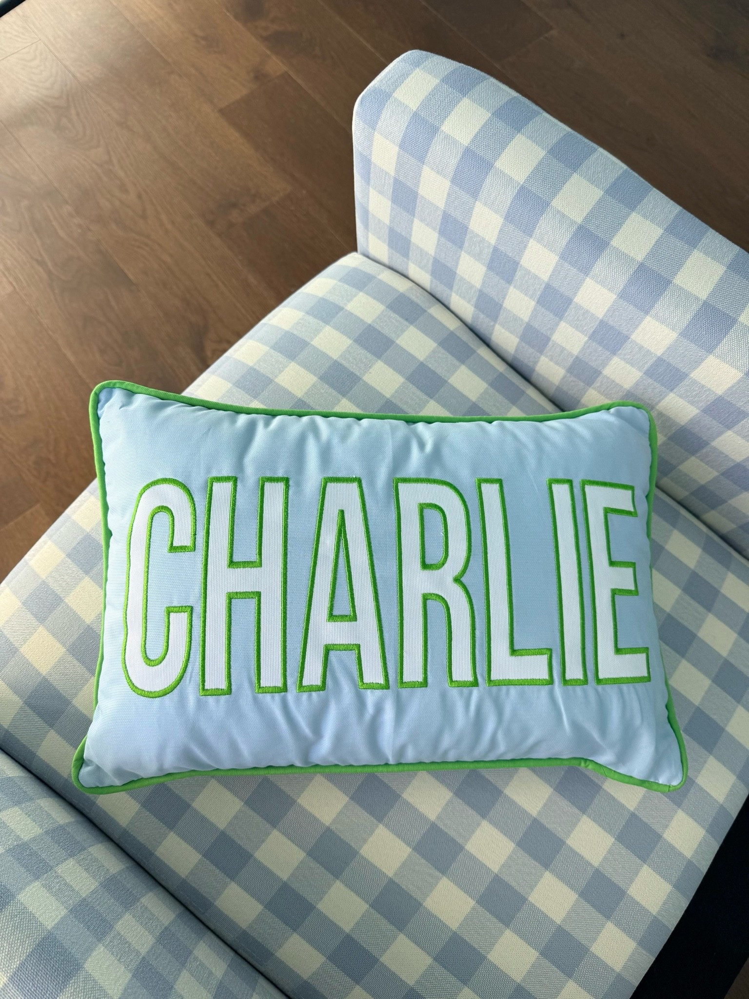 Baby boy nursery pillow 
12x18 size
Pillow Color: Powder 
Font: Chip
Appliqué Color: White
Thread AND Trim Color: Apple